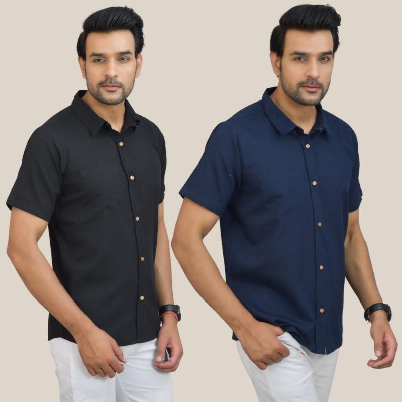 Combo of 2 Black and Navy Blue Solid Cotton Men Shirt