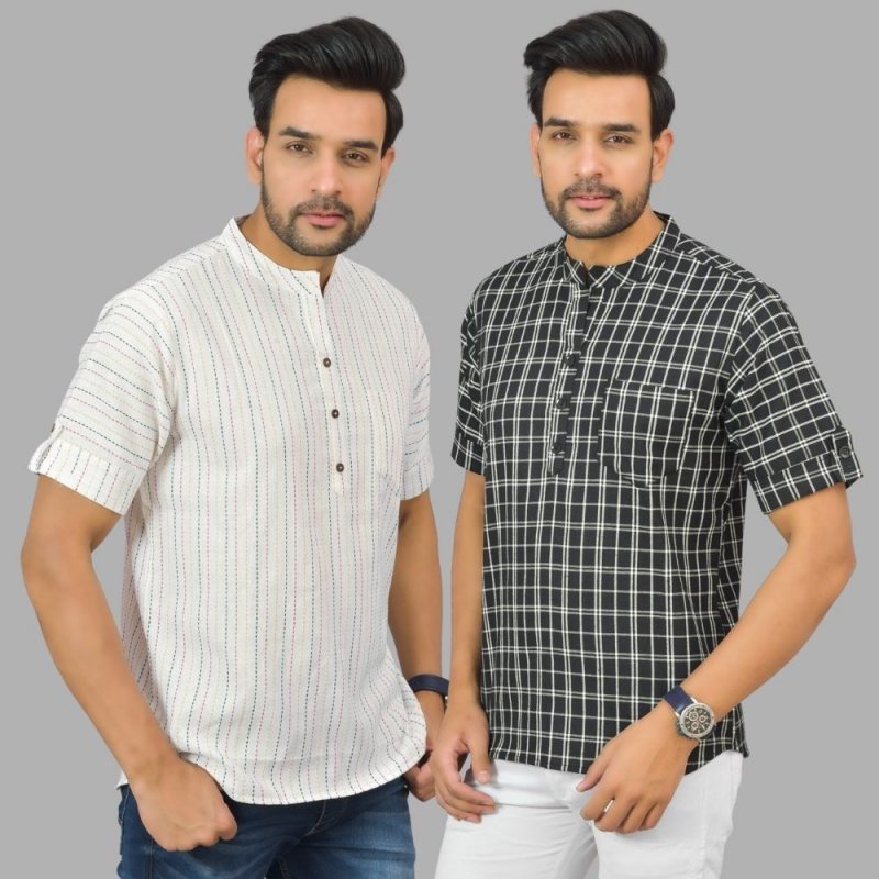 Combo of 2 Black and White Cotton Handloom Short Kurta-25358