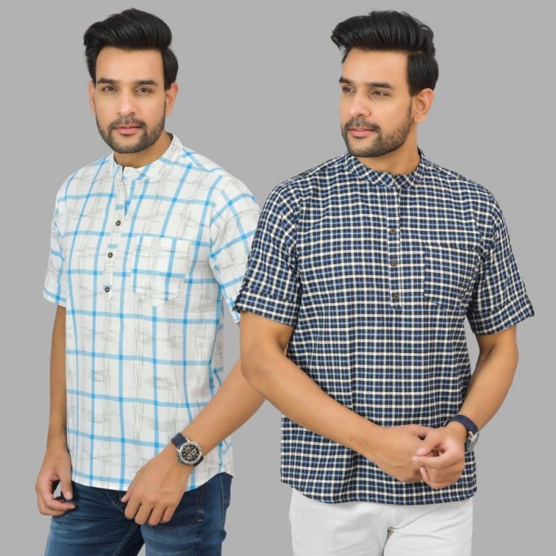 Combo of 2 Blue and White Cotton Handloom Short Kurta-25337