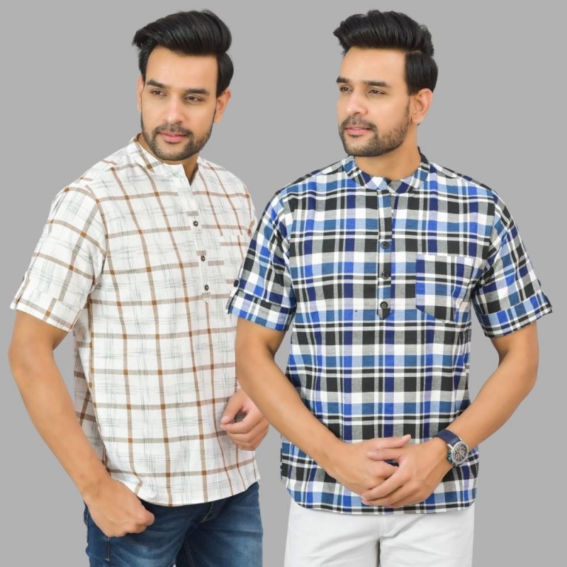 Combo of 2 Blue and White Cotton Handloom Short Kurta-25347