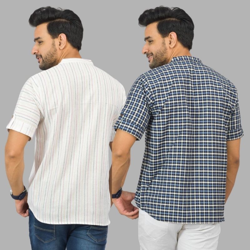 Combo of 2 Blue and White Cotton Handloom Short Kurta-25354