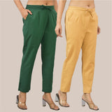 Combo of 2 Bottle Green and Beige Cotton Flax Women Trouser Pant