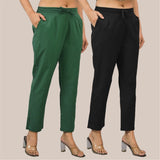 Combo of 2 Bottle Green and Black Cotton Flax Women Trouser Pant