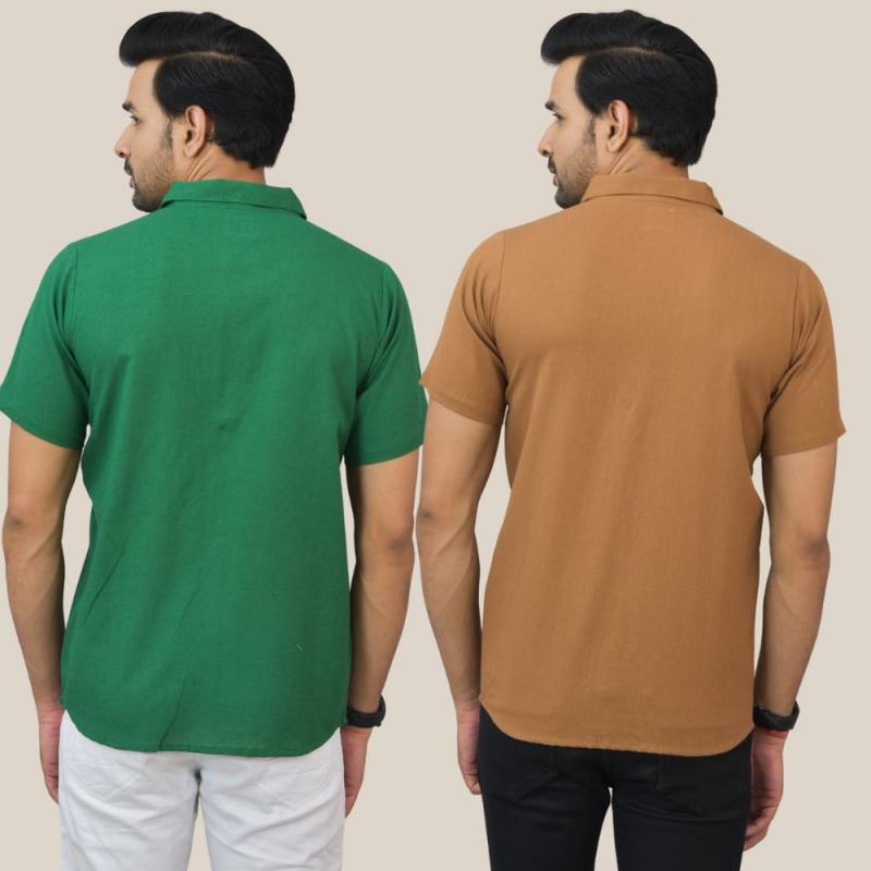 Combo of 2 Bottle Green and Brown Solid Cotton Men Shirt