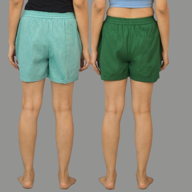 Combo of 2 Bottle Green and Cyan Cotton Women Shorts