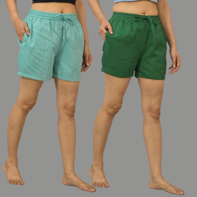 Combo of 2 Bottle Green and Cyan Cotton Women Shorts