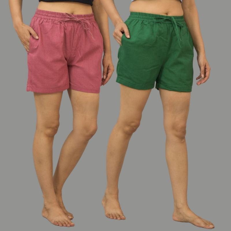 Combo of 2 Bottle Green and Dark Pink Cotton Women Shorts