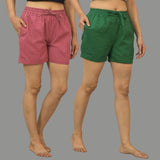 Combo of 2 Bottle Green and Dark Pink Cotton Women Shorts