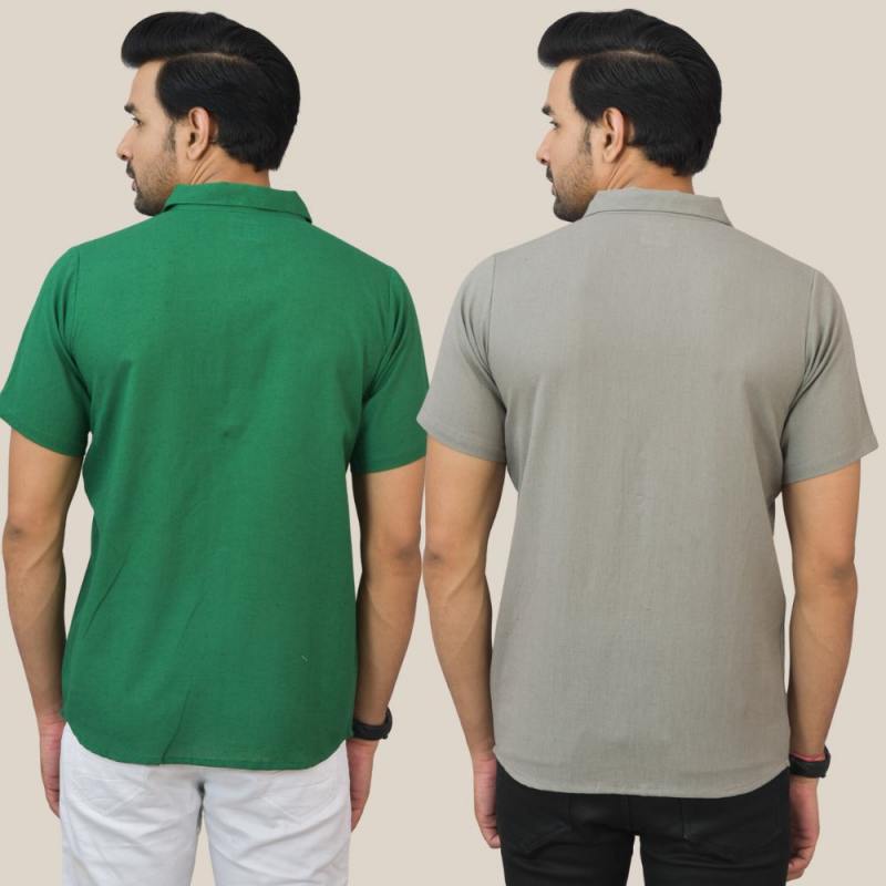 Combo of 2 Bottle Green and Gray Solid Cotton Men Shirt