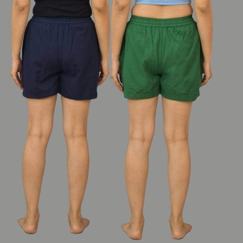 Combo of 2 Bottle Green and Navy Blue Cotton Women Shorts