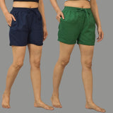 Combo of 2 Bottle Green and Navy Blue Cotton Women Shorts