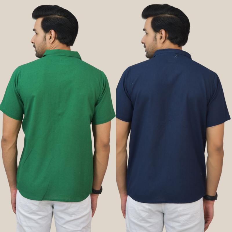 Combo of 2 Bottle Green and Navy Blue Solid Cotton Men Shirt-25401