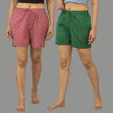 Combo of 2 Bottle Green and Pink Cotton Women Shorts-10563