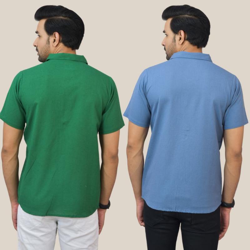 Combo of 2 Bottle Green and Sky Blue Solid Cotton Men Shirt-25403