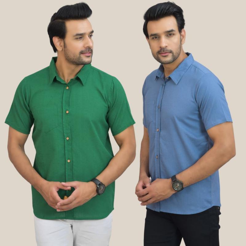 Combo of 2 Bottle Green and Sky Blue Solid Cotton Men Shirt-25403