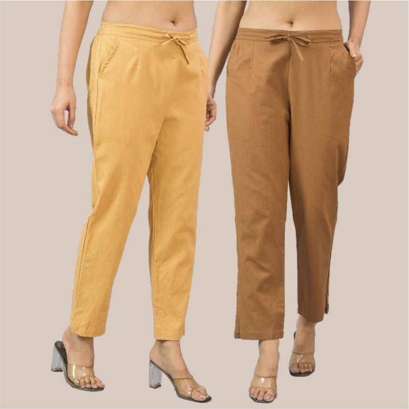 Combo of 2 Brown and Beige Cotton Flax Women Trouser Pant-10315