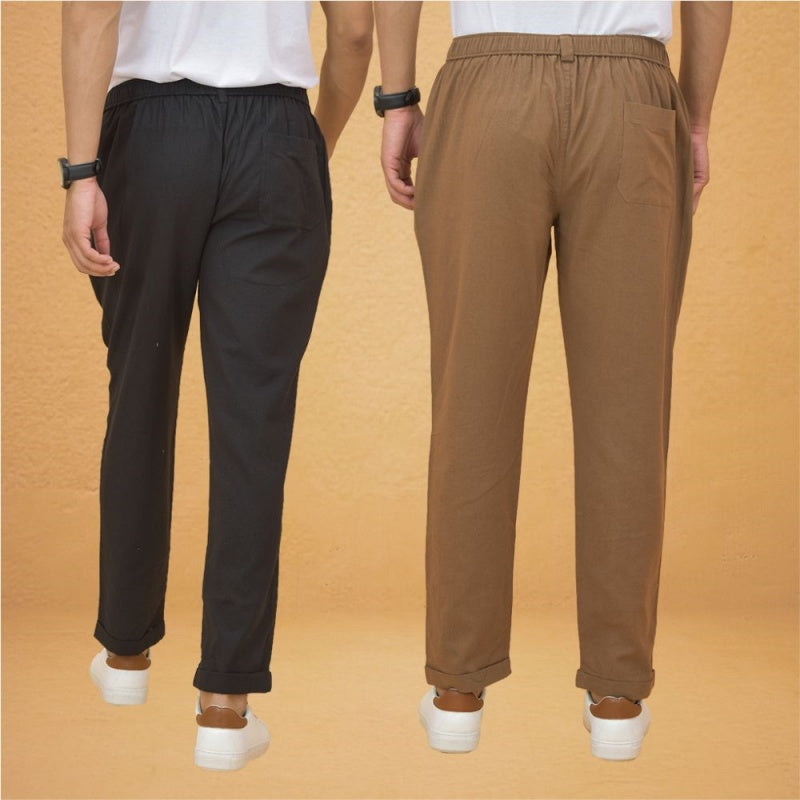 Combo of 2 Brown and Black Cotton Regular Trousers-42264