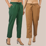 Combo of 2 Brown and Bottle Green Cotton Flax Women Trouser Pant-10338