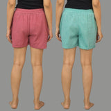 Combo of 2 Cyan and Dark Pink Cotton Women Shorts-10536