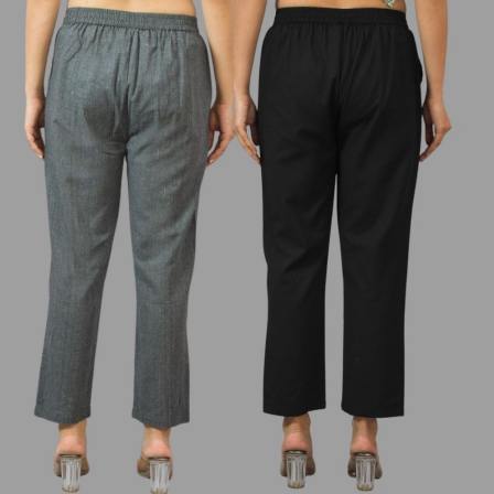 Combo of 2 Dark Gray and Black Cotton Flax Women Trouser Pants-11413