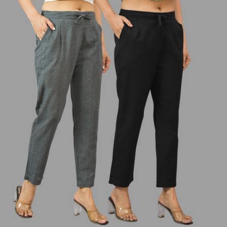 Combo of 2 Dark Gray and Black Cotton Flax Women Trouser Pants-11413