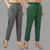 Combo of 2 Dark Gray and Bottle Green Cotton Flax Women Trouser Pants-11415