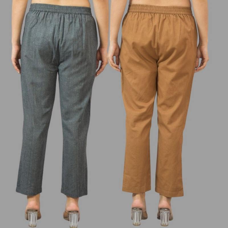 Combo of 2 Dark Gray and Brown Cotton Flax Women Trouser Pants-11416