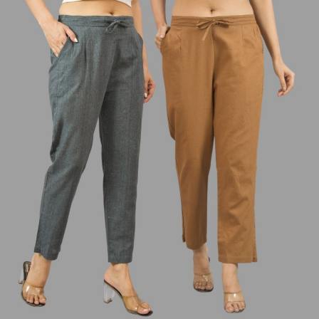 Combo of 2 Dark Gray and Brown Cotton Flax Women Trouser Pants-11416