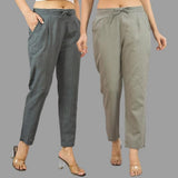 Combo of 2 Dark Gray and Gray Cotton Flax Women Trouser Pants-11418