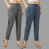 Combo of 2 Dark Gray and Navy Blue Cotton Flax Women Trouser Pants-11412