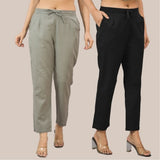 Combo of 2 Gray and Black Cotton Flax Women Trouser Pant-10328