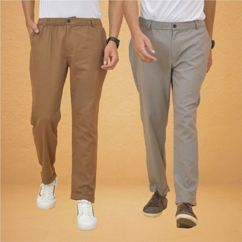 Combo of 2 Gray and Brown Cotton Regular Trousers-42281