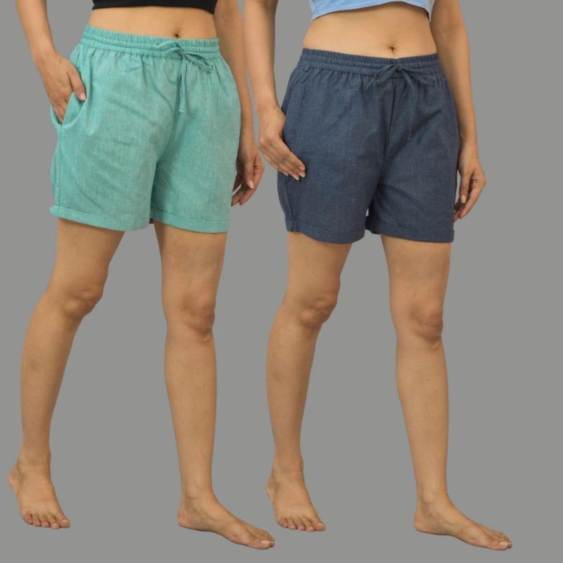 Combo of 2 Gray and Cyan Cotton Women Shorts-10556