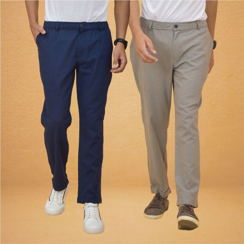 Combo of 2 Gray and Navy Blue Cotton Regular Trousers-42257