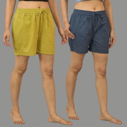 Combo of 2 Gray and Olive Green Cotton Women Shorts-10580