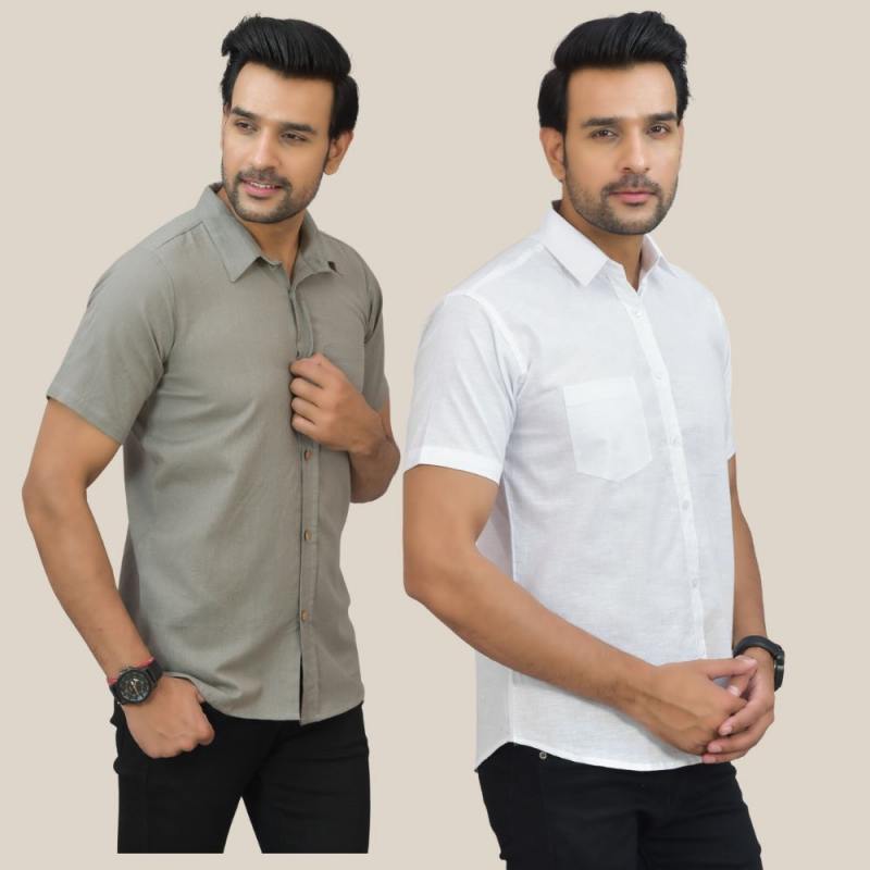 Combo of 2 Gray and White Solid Cotton Men Shirt-25434