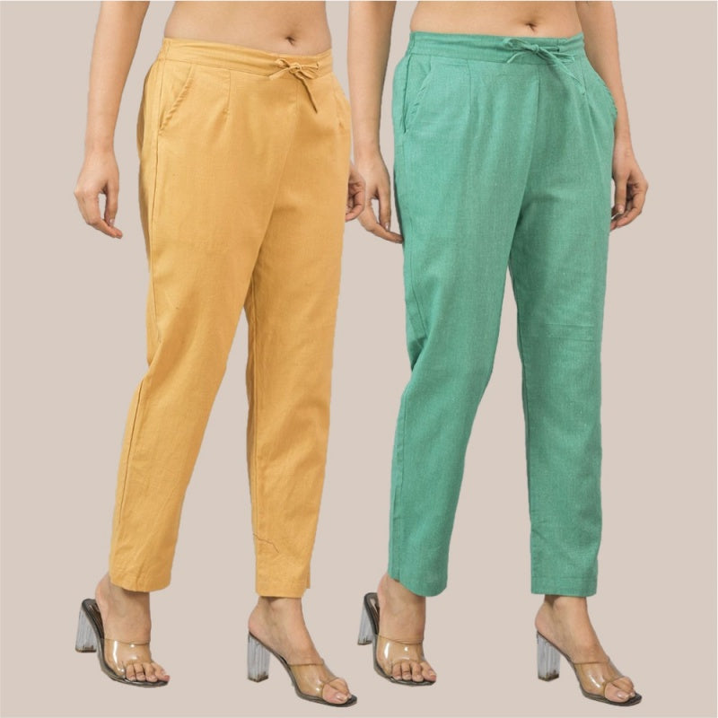 Combo of 2 Green and Beige Cotton Flax Women Trouser Pant-10317