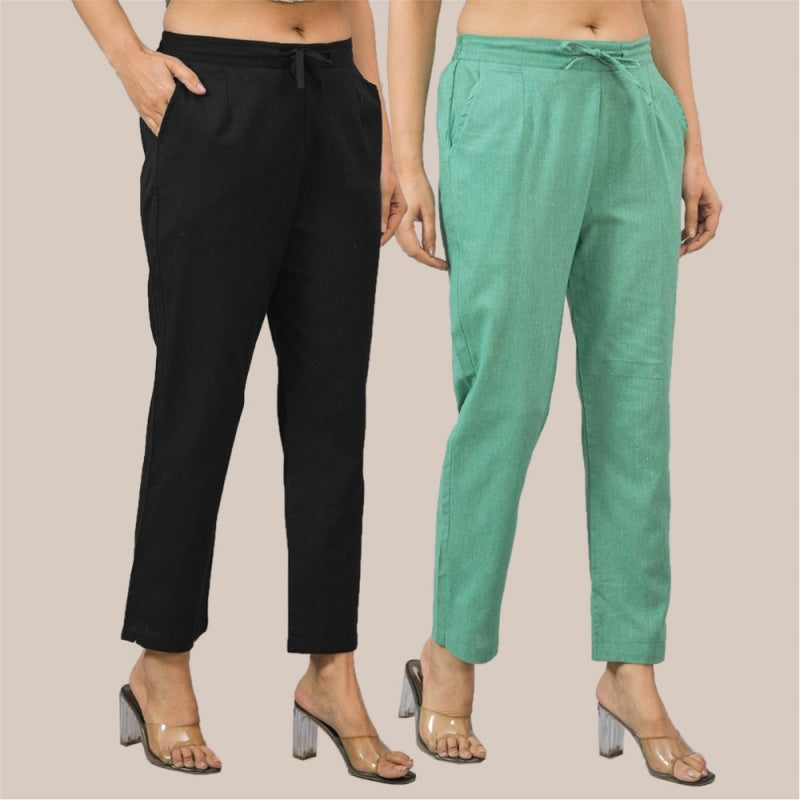 Combo of 2 Green and Black Cotton Flax Women Trouser Pant-10329