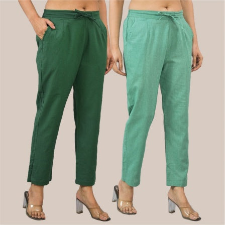 Combo of 2 Green and Bottle Green Cotton Flax Women Trouser Pant-10340