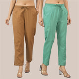 Combo of 2 Green and Brown Cotton Flax Women Trouser Pant-10350