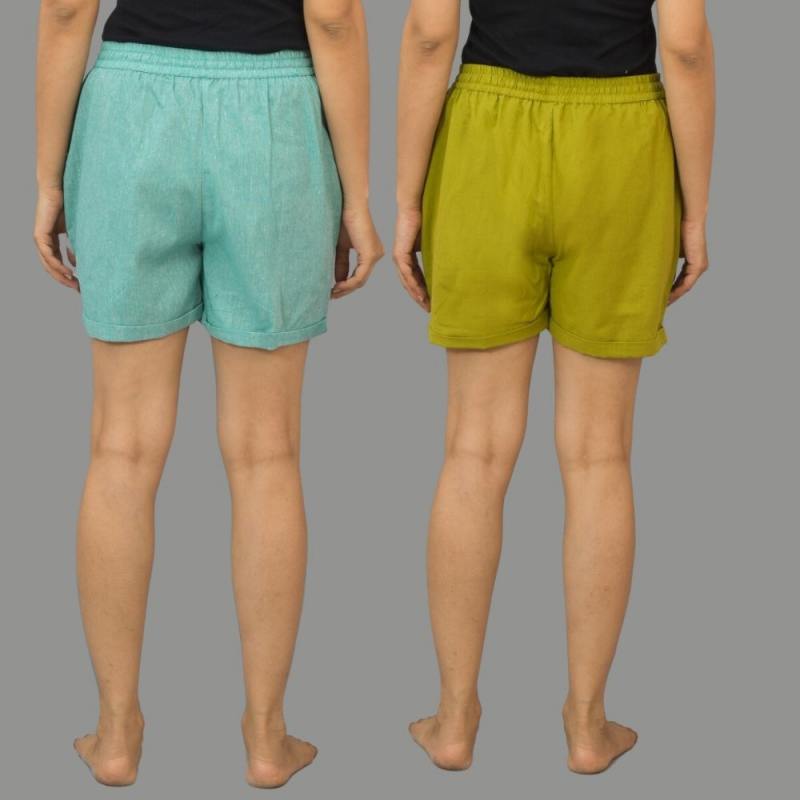 Combo of 2 Green and Cyan Cotton Women Shorts-10551