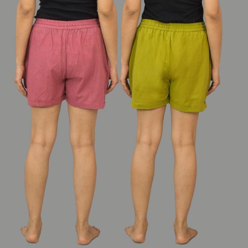 Combo of 2 Green and Dark Pink Cotton Women Shorts-10541