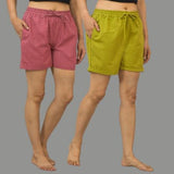 Combo of 2 Green and Dark Pink Cotton Women Shorts-10541