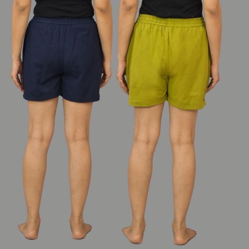 Combo of 2 Green and Navy Blue Cotton Women Shorts-10568