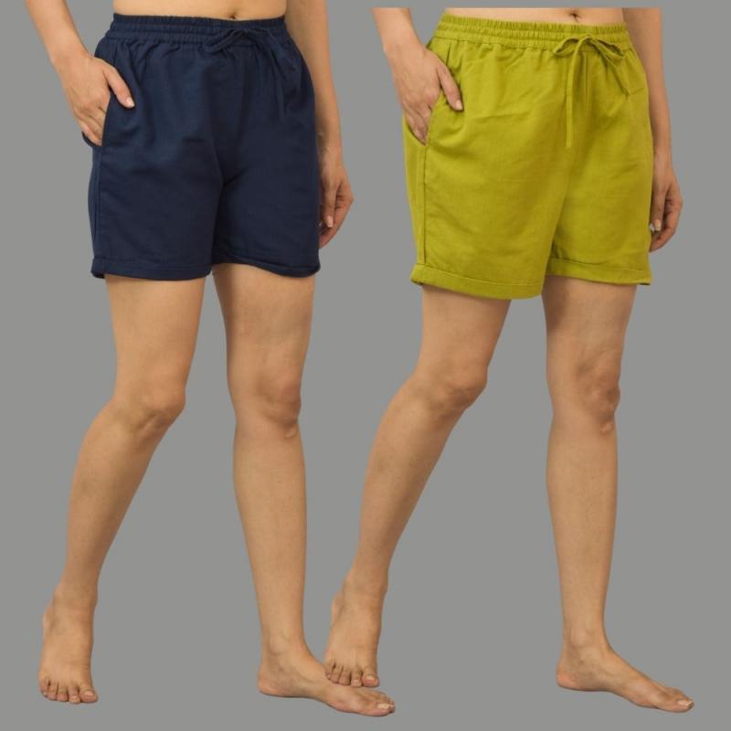 Combo of 2 Green and Navy Blue Cotton Women Shorts-10568