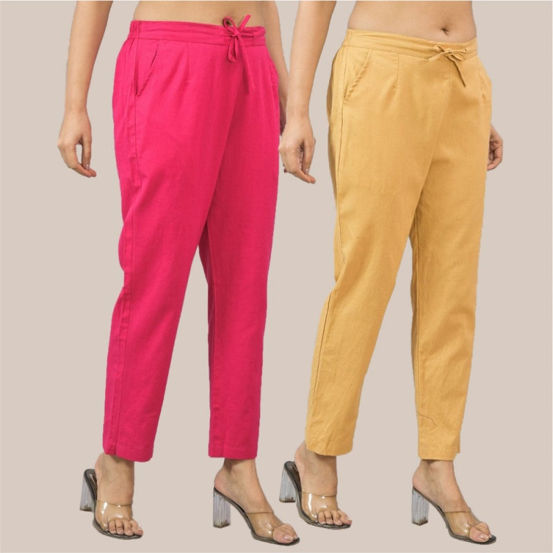 Combo of 2 Magenta Pink and Beige Cotton Flax Women Trouser Pant-10318