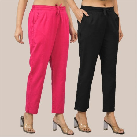 Combo of 2 Magenta Pink and Black Cotton Flax Women Trouser Pant-10330