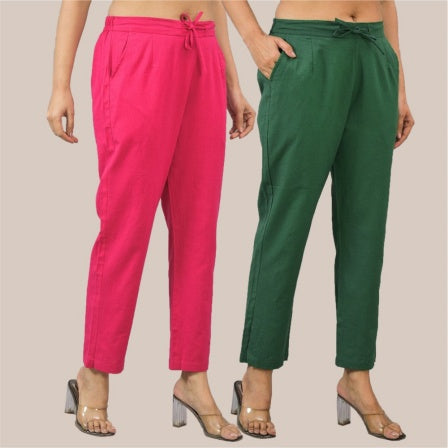 Combo of 2 Magenta Pink and Bottle Green Cotton Flax Women Trouser Pant-10341