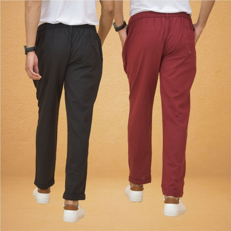 Combo of 2 Maroon and Black Cotton Regular Trousers-42268