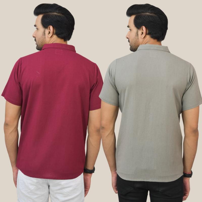 Combo of 2 Maroon and Gray Solid Cotton Men Shirt-25427